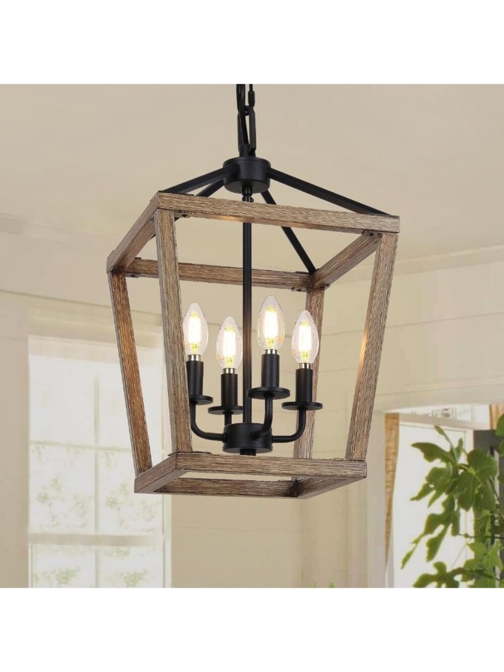 Rustic 4-Light Farmhouse Chandelier, Adjustable Lantern Ceiling Fixture for